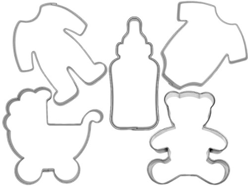 foremki do ciastek w kształcie misia, butelki, wózka, body i śpioszków w zestawie 5 sztuk