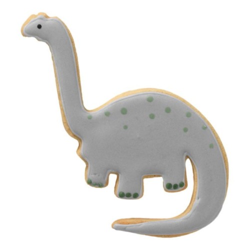 Udekorowane ciastko z foremki w kształcie diplodoka