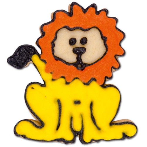 Udekorowane ciasteczko wykrojone foremką w kształcie lwa.jpg