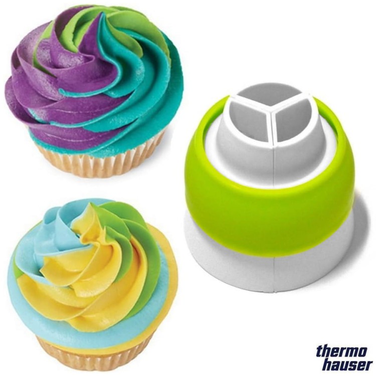 Tęczowe muffinki ozdobione za pomocą trzykomorowego adaptera