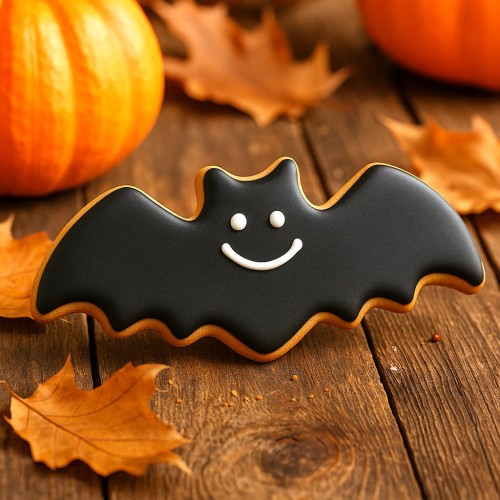 Lifestylowe zdjęcie ciastka w kształcie nietoperza wykonanego foremką na Halloween