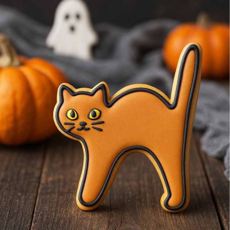 ciasteczko lukrowane na rudo wzór kotka z foremki na Halloween