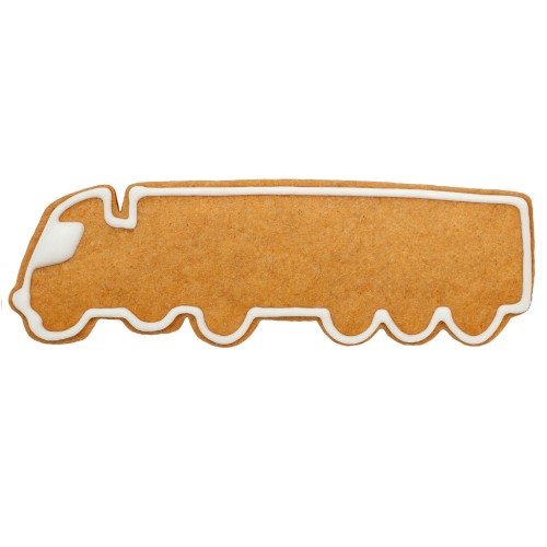 ciasteczko auto ciężarowe TIR wykonane foremką i ozdobione białym lukrem