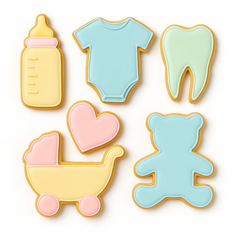 ciasteczka na urodziny niemowlaka wykonane foremkami z zestawu na baby shower