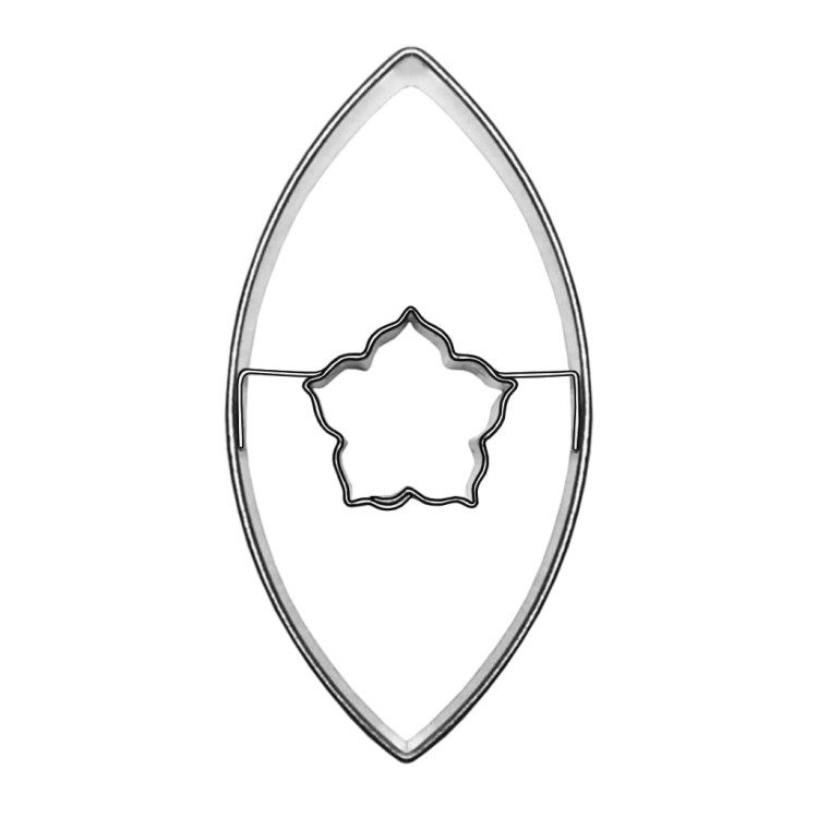 Metalowy wykrawacz do ciastek i pierników w kształcie liścia z dziurką w kształcie różyczki