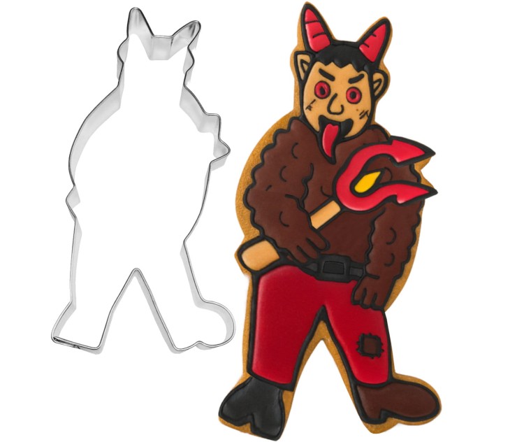 foremka diabeł i wykrojone nią ciasteczko na Halloween