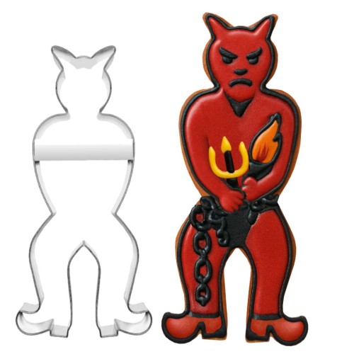 foremka diabeł i udekorowane lukrem ciasteczko na Halloween