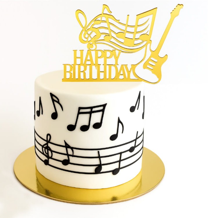 Muzyczny topper urodzinowy na tort z napisem Happy Birthday, gitarą i nutami