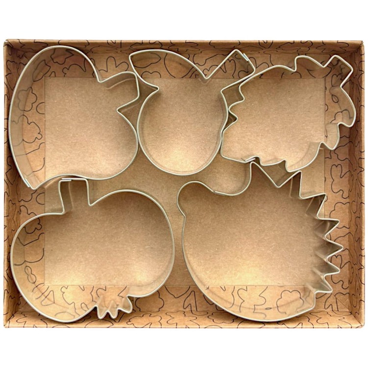 Zestaw foremek jesiennych do ciastek i pierników w kształcie jeża, jabłka, śliwki i liści w pudełku kraft