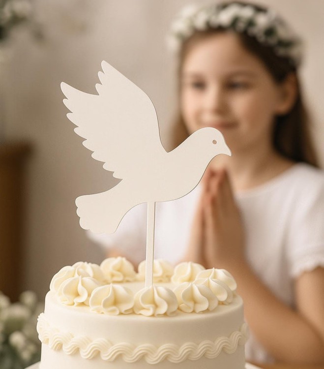 Biały gołąbek jako topper w torcie komunijnym w tle dziewczynka ze złożonymi do modlitwy rękami