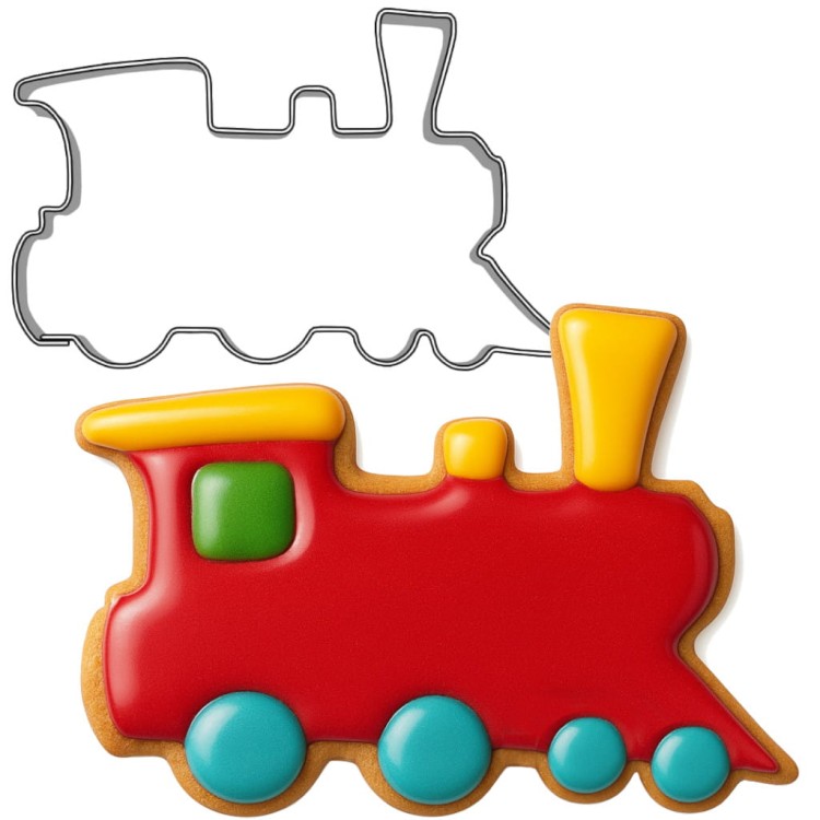 foremka lokomotywa i lukrowane ciasteczko w kształcie pociągu