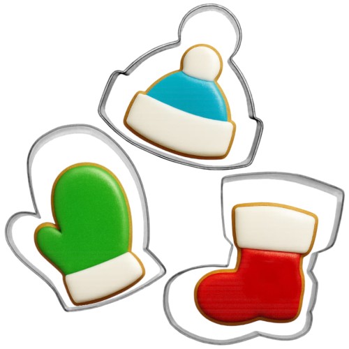 Foremki zimowe – czapka, rękawica, but – wraz z ciasteczkami udekorowanymi błyszczącym lukrem w kolorach niebieskim, zielonym i czerwonym