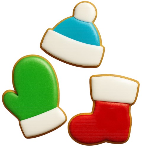 Świąteczne ciasteczka pokryte lukrem – czapka niebieska z białym pomponem, rękawica zielona z białym ściągaczem, czerwony but z białą cholewą