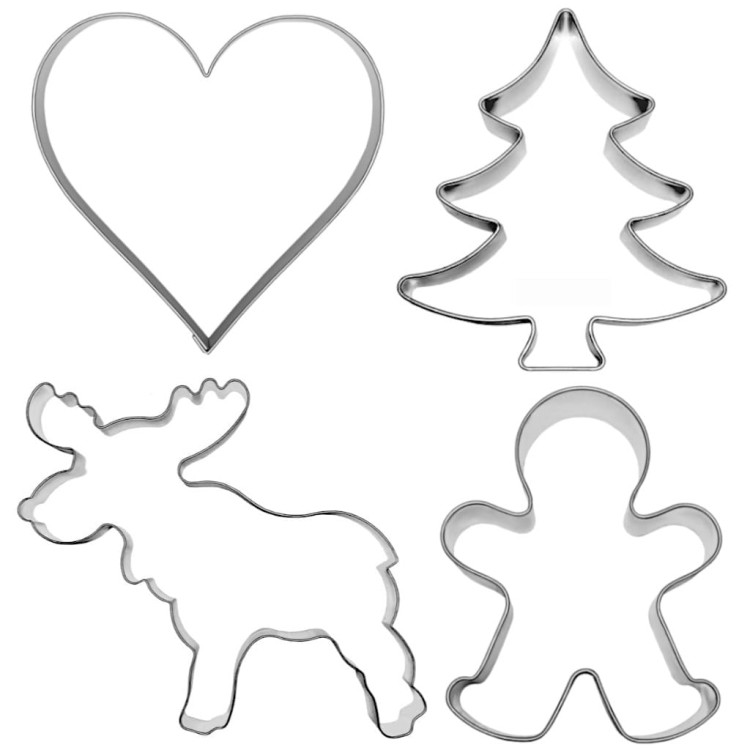 Cztery foremki ze stali nierdzewnej w kształcie serca, choinki, renifera i piernikowego ludzika – idealne do dużych świątecznych ciastek