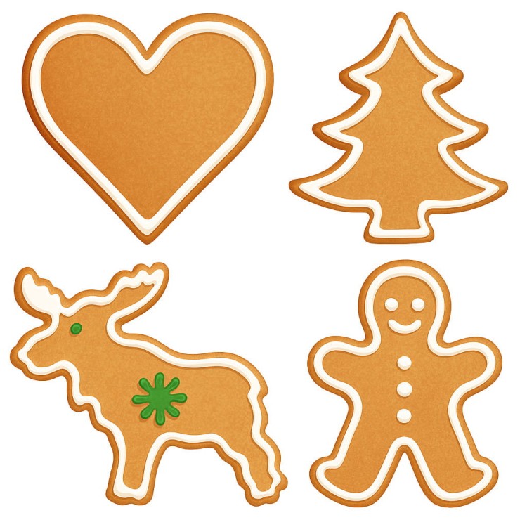 Cztery piernikowe ciasteczka udekorowane białym i zielonym lukrem: serce, choinka, renifer i piernikowy ludzik