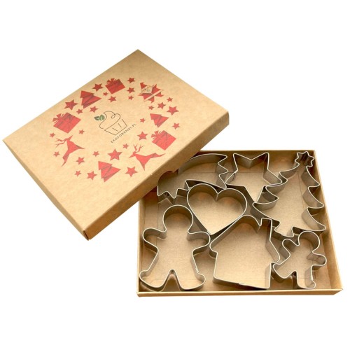 Foremki ze stali nierdzewnej: gwiazda betlejemska, ciastek mały i duży, domek, serce, gwiazdka i choinka z gwiazdką – ułożone w kartonowym pudełku prezentowym