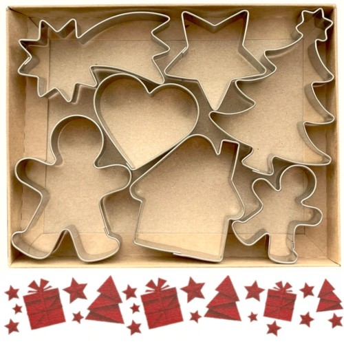 Zestaw siedmiu foremek ze stali nierdzewnej w kształcie gwiazdy betlejemskiej, ciasteczka małego i dużego, domku, serca, gwiazdki i choinki z gwiazdką – zapakowane w świąteczne pudełko kraft z czerwonym nadrukiem