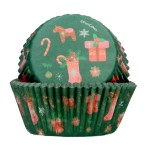 Foremki do muffinek w kolorze butelkowej zieleni z ilustracjami świątecznymi – laska cukrowa, prezent, bombka, konik na biegunach i śnieżynki