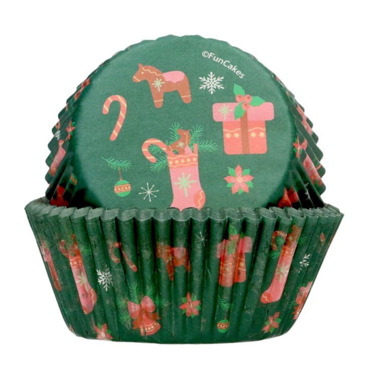 Foremki do muffinek w kolorze butelkowej zieleni z ilustracjami świątecznymi – laska cukrowa, prezent, bombka, konik na biegunach i śnieżynki