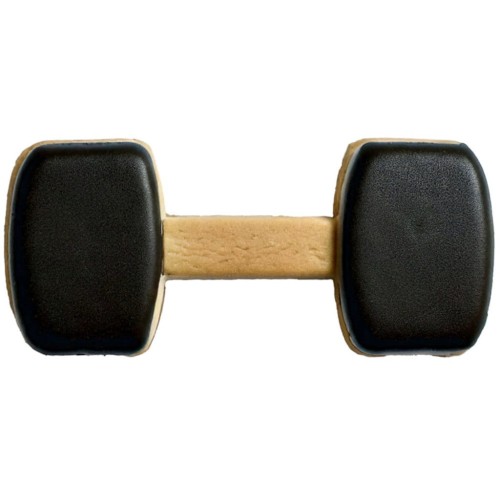 Ciasteczko w kształcie hantla udekorowane lukrem – jasnobrązowy uchwyt i czarne końce imitujące obciążenie, ciastek tematyczny dla fanów fitnessu