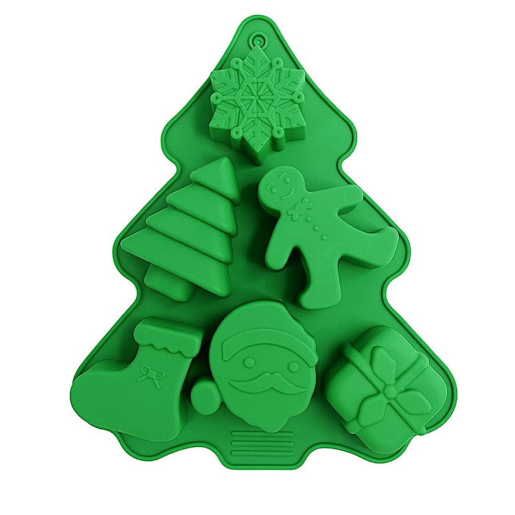 Silikonowa foremka w kształcie choinki z 6 świątecznymi wzorami: śnieżynka, choinka, pan ciastek, skarpeta, głowa Mikołaja i prezent