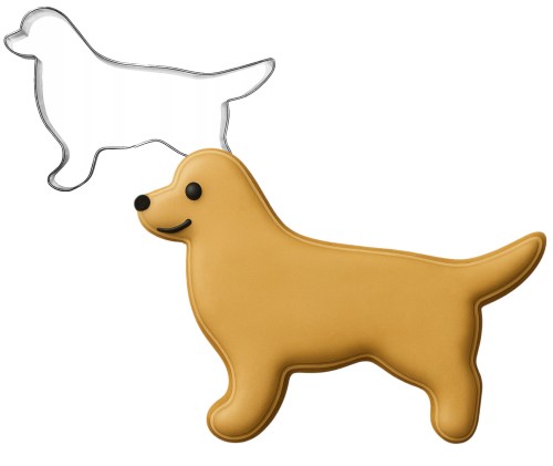 foremka do ciastek w kształcie psa oraz ciasteczko udekorowane lukrem – styl golden retriever, złocisty lukier, czarne oko i nos