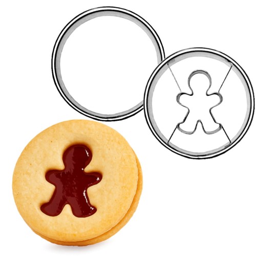 zestaw foremek kółeczek 5 cm z dziurką w kształcie ludzika piernikowego oraz ciasteczko Linzer z konfiturą