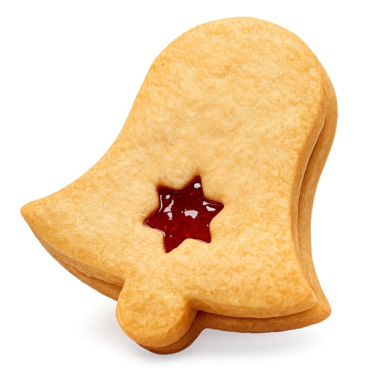 ciasteczko Linzer w kształcie dzwoneczka 4,4 cm z wyciętą gwiazdką i konfiturą, obraz na białym tle