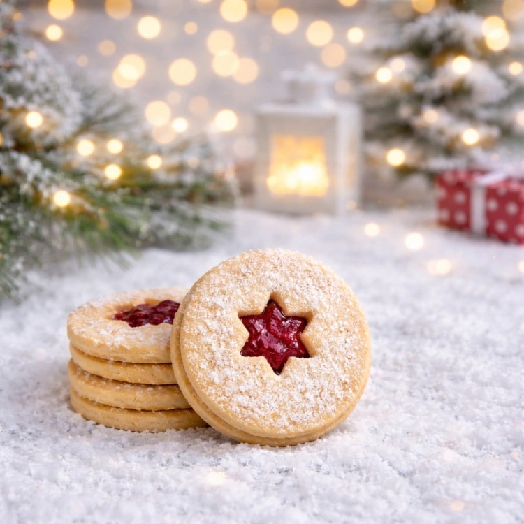 ciasteczko Linzer kółeczko 4 cm z wyciętą gwiazdką i konfiturą, obraz na świątecznym tle