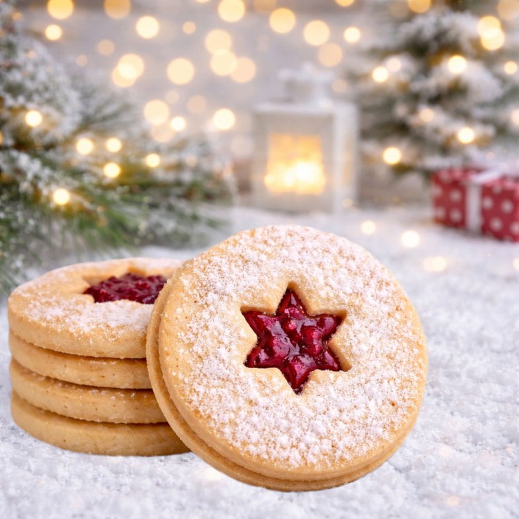 ciasteczko Linzer kółeczko 4 cm z wyciętą gwiazdką i konfiturą, obraz na świątecznym tle