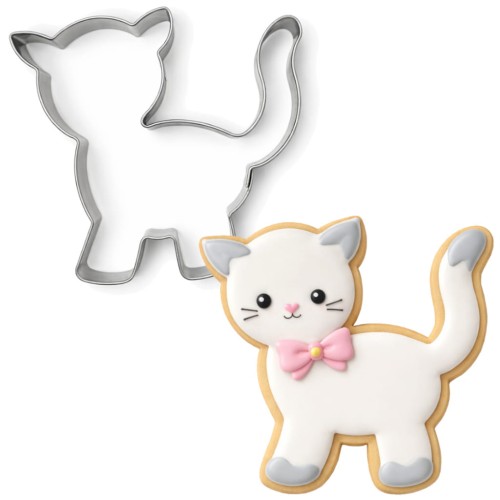 Zestaw: metalowa foremka w kształcie kota i udekorowane ciasteczko z lukrem – idealne na tematyczne wypieki i przyjęcia dla dzieci
