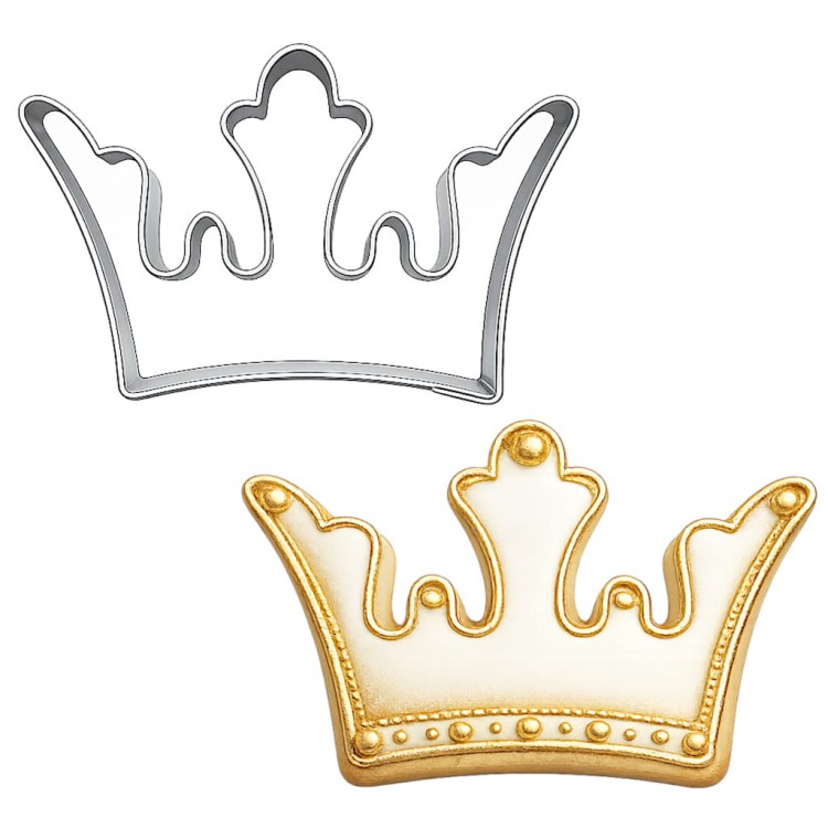 Metalowa foremka w kształcie korony i udekorowane ciasteczko z lukrem – idealne na tematyczne wypieki i przyjęcia dla dzieci