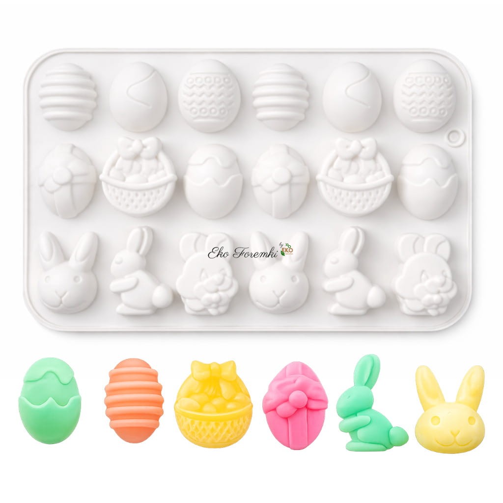 Silikonowa forma wielkanocna z motywami jajek, zajączków i koszyczków – idealna do czekoladek i dekoracji