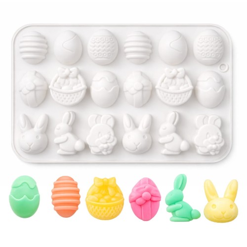 Silikonowa forma wielkanocna z motywami jajek, zajączków i koszyczków – idealna do czekoladek i dekoracji