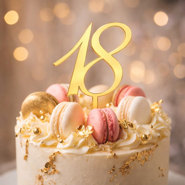Złoty topper z liczbą „18” na torcie urodzinowym – dekoracja na osiemnaste urodziny
