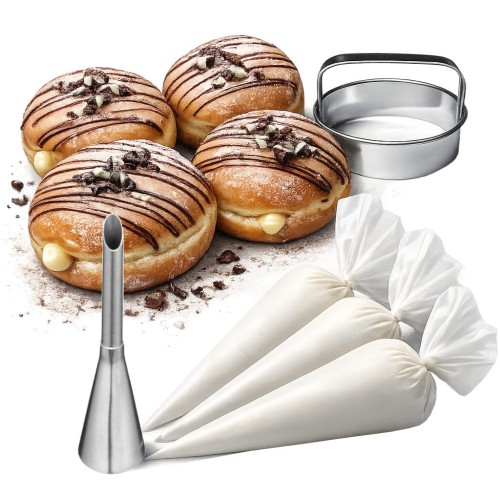 zestaw do nadziewania pączków: 3 rękawy, tylka 7 mm, wykrawacz i udekorowane kremem pączki