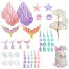 Zestaw 32 ozdób na tort w stylu syrenki – muszelki, ogony syrenek, rozgwiazdy, wachlarze i perełki