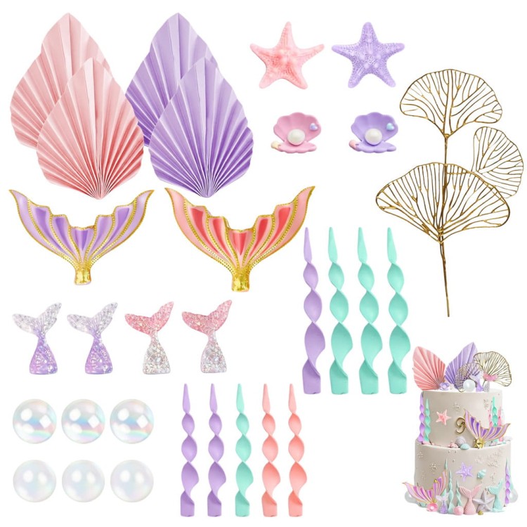 Zestaw 32 ozdób na tort w stylu syrenki – muszelki, ogony syrenek, rozgwiazdy, wachlarze i perełki
