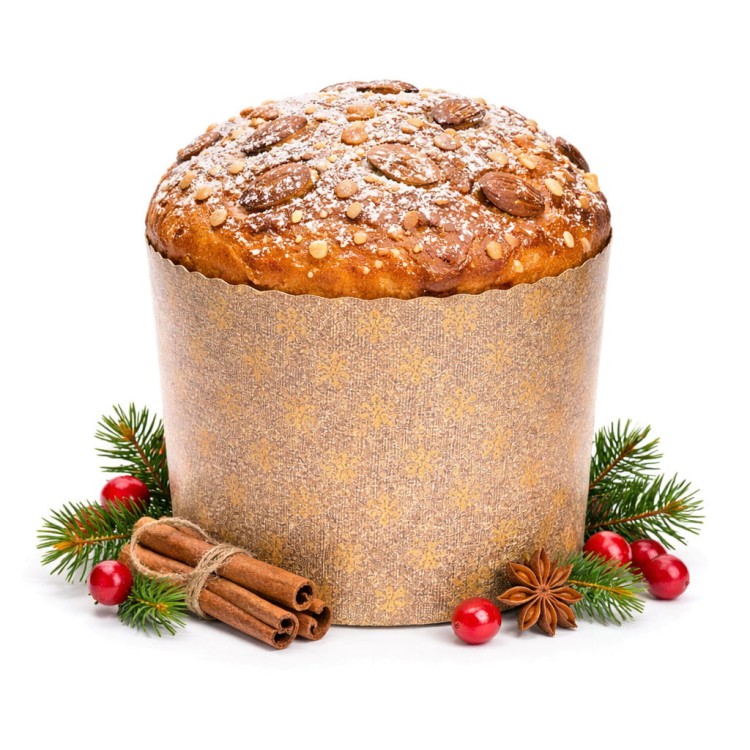 Świąteczna papierowa forma do panettone z dekoracyjnym wzorem oraz gotowym bożonarodzeniowym wypiekiem