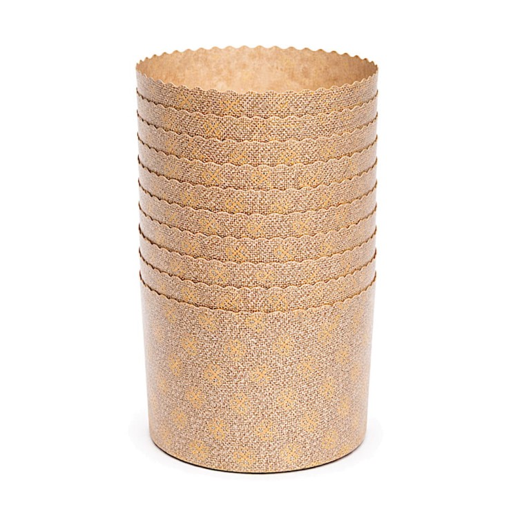Stos papierowych form do panettone o średnicy 13 cm z dekoracyjnym wzorem