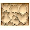 Zestaw sześciu metalowych foremek wielkanocnych w kształtach motyla, tulipana, jajka, owieczki, króliczka i kurczaka w pudełku