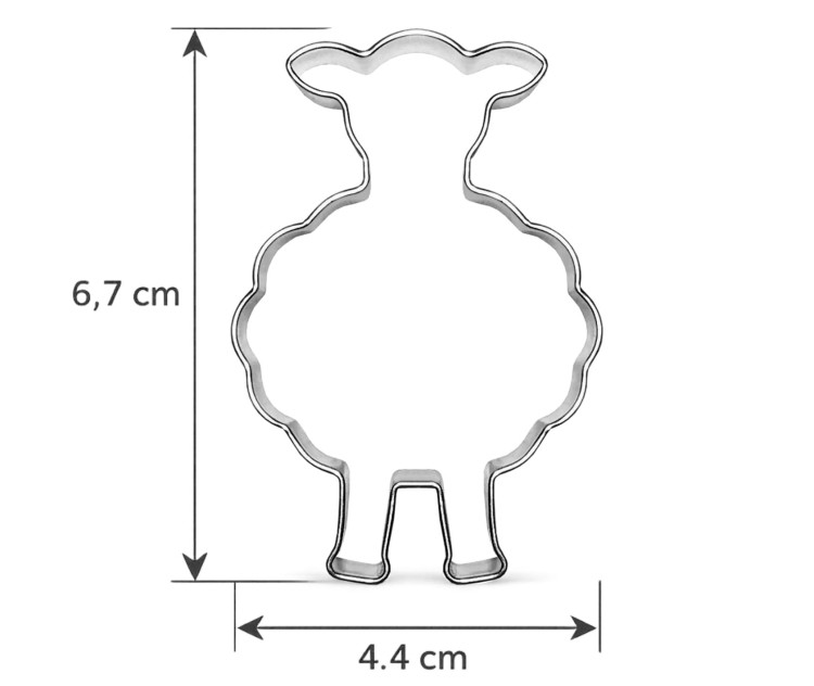 metalowa foremka do ciasteczek w kształcie baranka z widocznymi wymiarami 6,7 × 4,4 cm