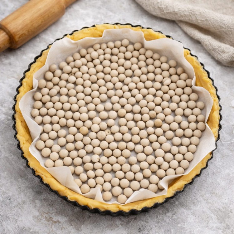 Spód tarty wyłożony papierem do pieczenia i wypełniony grochem ceramicznym w formie do tarty