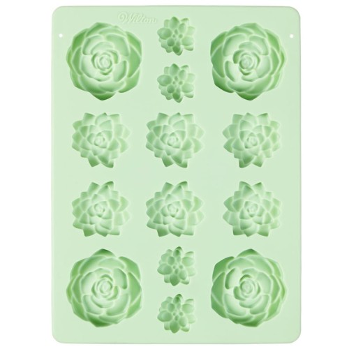 Zielona silikonowa forma z czternastoma detalicznymi kształtami sukulentów do tworzenia dekoracji cukierniczych