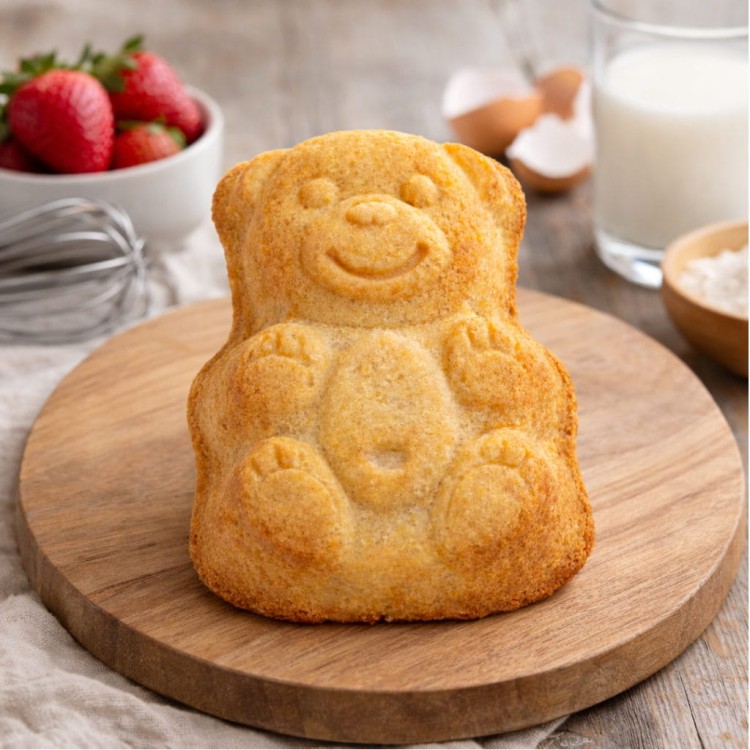 Upieczone ciasteczko w kształcie misia na drewnianej desce otoczone składnikami do pieczenia w kuchennej aranżacji