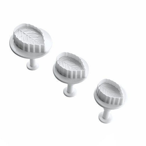 Foremki w kształcie listków z tłoczkiem do masy cukrowej w 3 rozmiarach