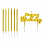 Zestaw 6 złotych świeczek urodzinowych oraz złoty topper „Happy Birthday” na patyczkach