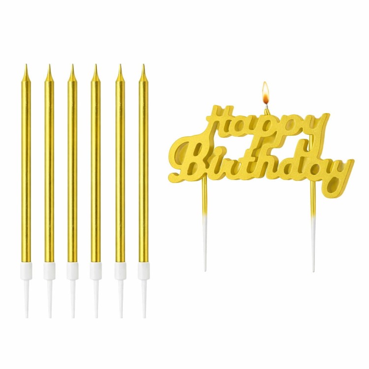 Zestaw 6 złotych świeczek urodzinowych oraz złoty topper „Happy Birthday” na patyczkach