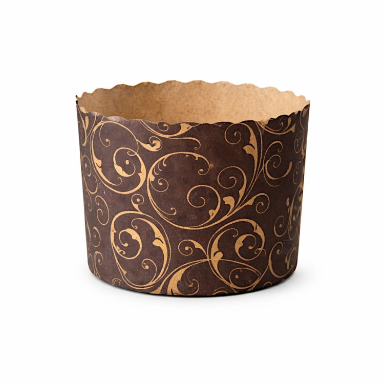 Ozdobna papierowa forma do panettone w ciemnobrązowym kolorze ze złotymi ornamentami i karbowanym brzegiem