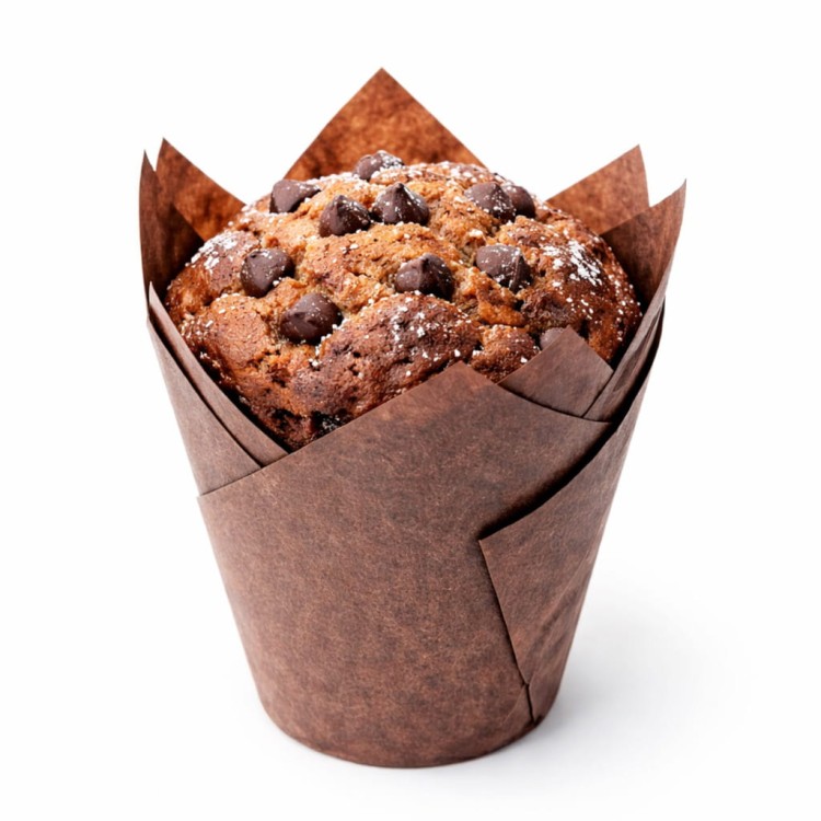 Muffinka czekoladowa w brązowej papilotce z czekoladowymi kawałkami i cukrem pudrem